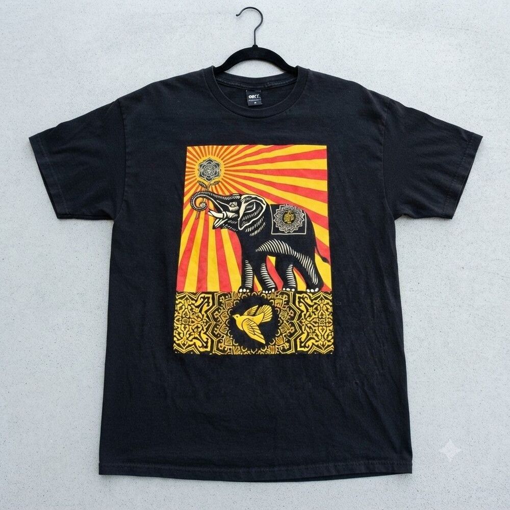 OBEY Graphic T-Shirt Mens XL Black Elephant Sun Flower Short Sleeve Tee